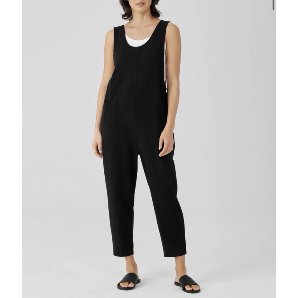 Eileen Fisher Black Organic Cotton Jumpsuit Wide Leg Minimalist Boho Harem Sz M
